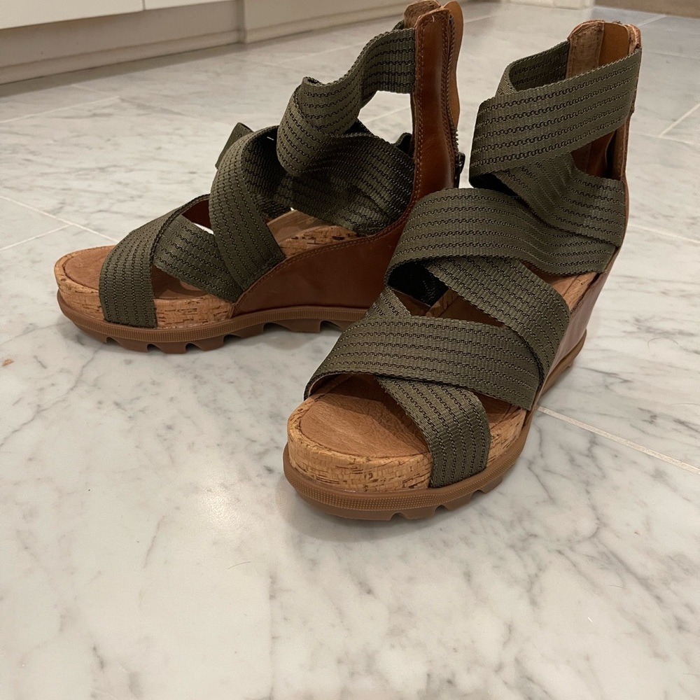 Sorel Olive and Brown Strappy Wedge Sandals